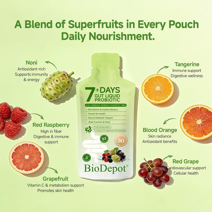 7 Day Liquid Probiotic Cleanse Sachets, Prebiotic Probiotic Postbiotic Supplement for Women & Men, 10 Strains, Microbiome Balance, Digestive & Gut Health, Bloating & Detox Support, Vegan