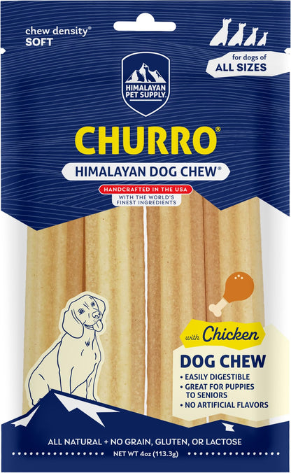 Himalayan Dog Chew Churro, Soft Yak Cheese Treat, Peanut Butter, 4 Sticks | 100% Natural, Soft Density Dental Support, Gluten Free, Healthy Safe Dog Treats for All Breeds and Ages, Lactose & Grain Free