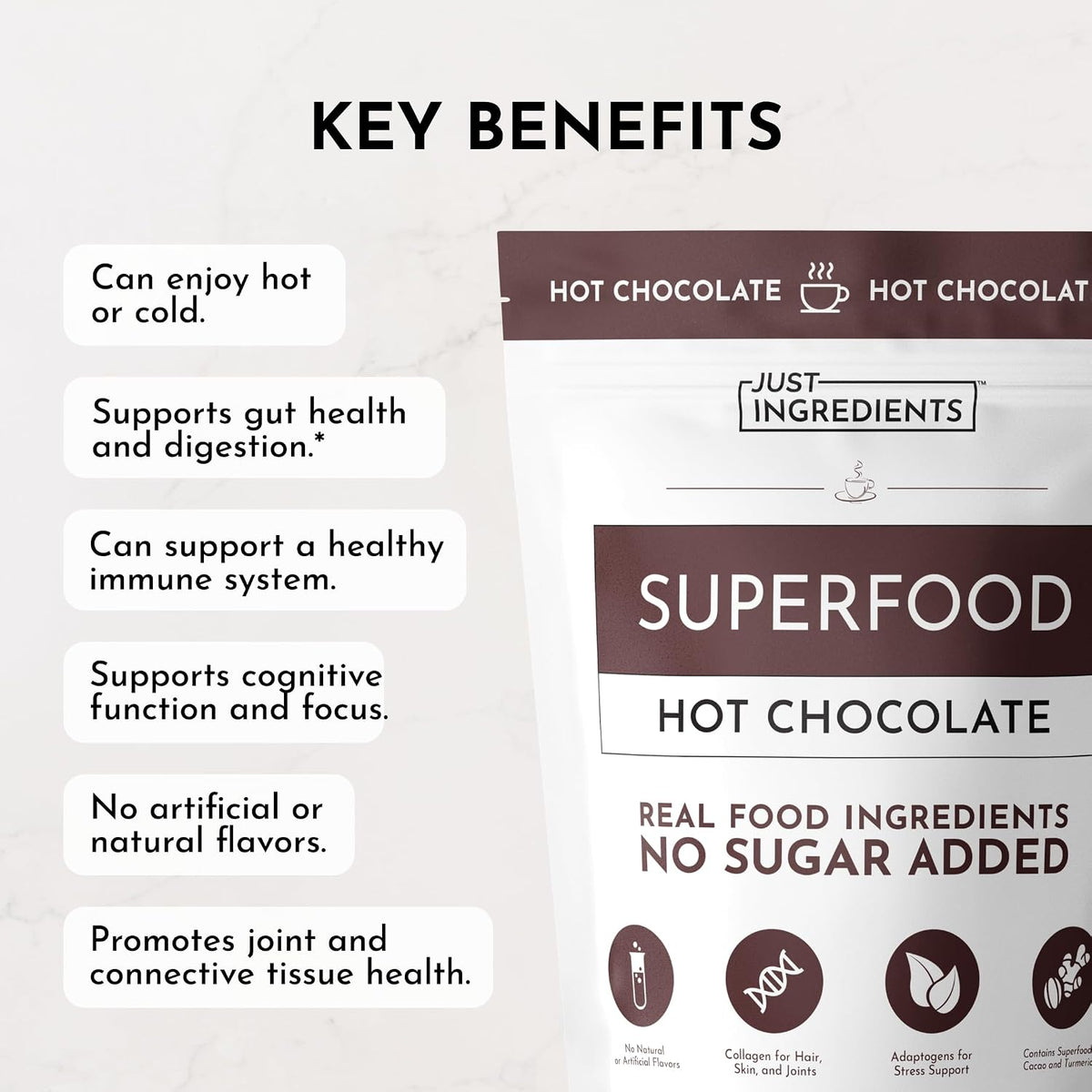 JUST INGREDIENTS Superfood Hot Chocolate Powder - Collagen, Cacao, Ashwagandha, Turmeric, 25 Servings