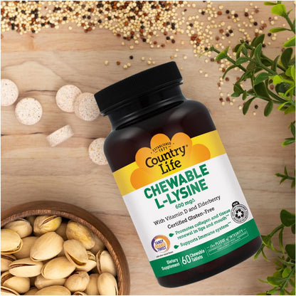 Country Life Chewable L-Lysine 600 mg with Vitamin D, 60 Tablets