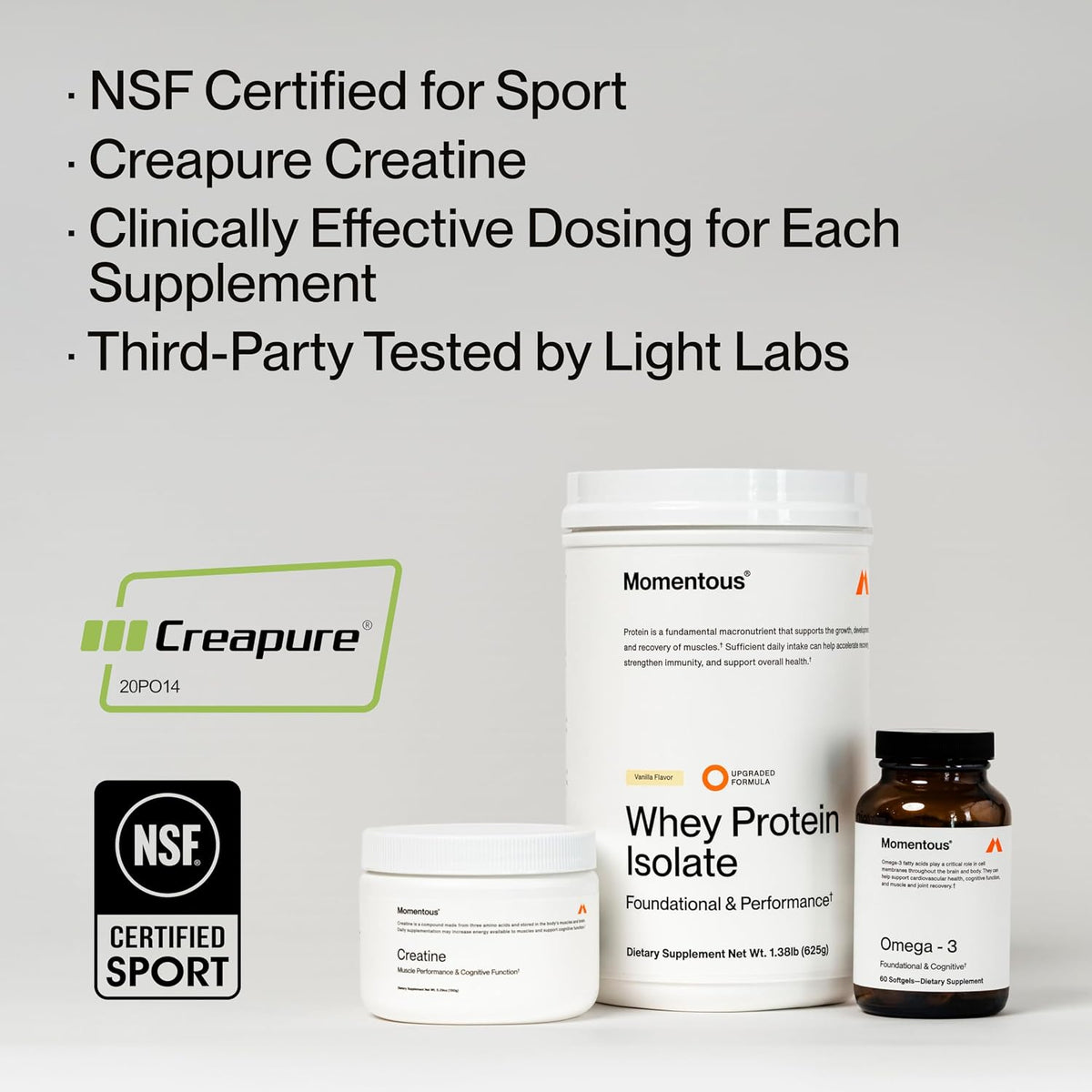 Momentous Three - Creatine Monohydrate Powder (90 Servings), Grass-Fed Whey Protein Powder (Unflavored) & Omega-3 Fish Oil 1600mg - Daily Essentials for Strength, Performance & Lean Muscle Recovery