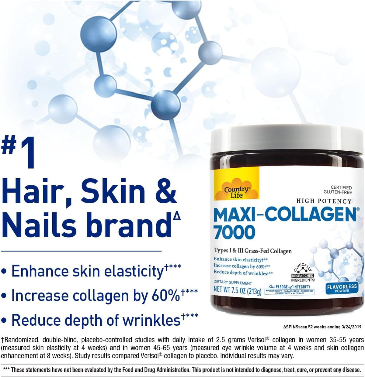 Country Life Maxi-Collagen 7000 Powder, Verisol Peptides, 7.5 oz