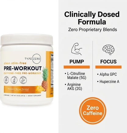 Type Zero Clean Stim Free Pre Workout Powder (Pineapple Mango) 21 Servings | Nitric Oxide Booster with L-Citrulline Malate, Arginine AKG, Beta Alanine, Caffeine & Stimulant Free
