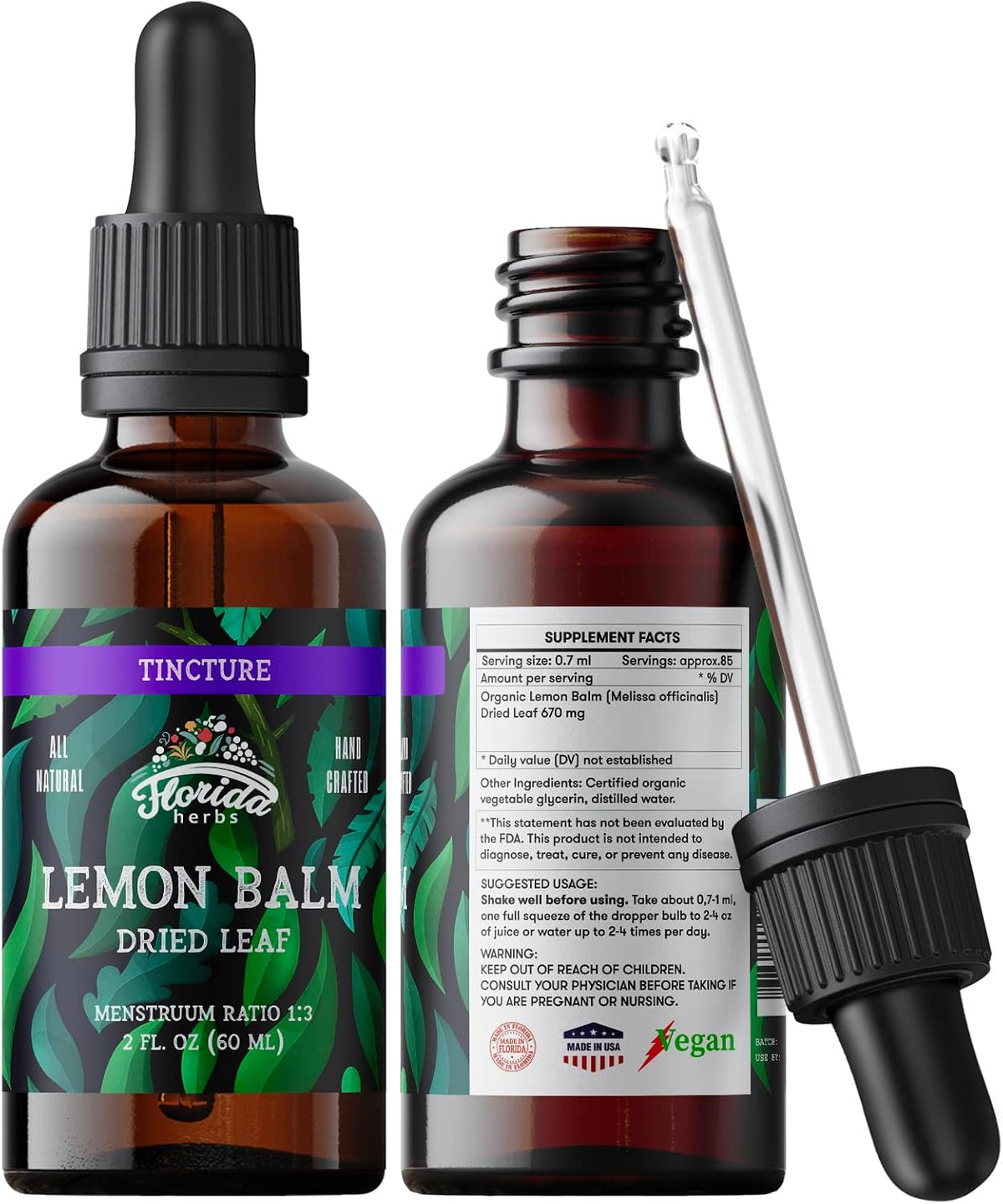 Lemon Balm Tincture 2 oz – Organic Herbal Extract | Alcohol Free | Vegan Herbal Drops