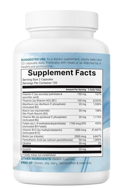 Micro Ingredients Pure Methylated B Complex Vitamins, 240 Capsules | 11-in-1 with Methylfolate, Methylcobalamin B12 & P5P + Fat-Soluble Vitamin C, Choline & Inositol. Filler Free, Non-GMO.