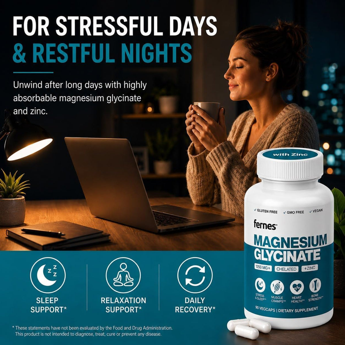 Magnesium Glycinate with Zinc - 275mg Elemental Magnesium + 8mg Zinc for Active Adults, Athletes & Anyone Under Stress Who Need Better Sleep, Muscle Recovery and Immune Support, 90 Capsules