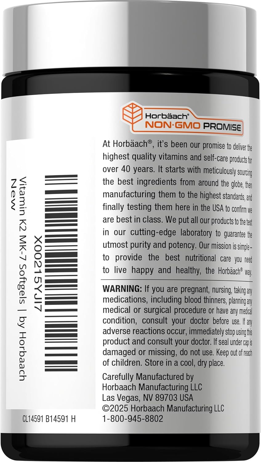 Horbäach Vitamin D3 K2 5000 iu | 100mcg MK-7 Complex | 180 Softgel Capsules | Non-GMO & Gluten Free Supplement