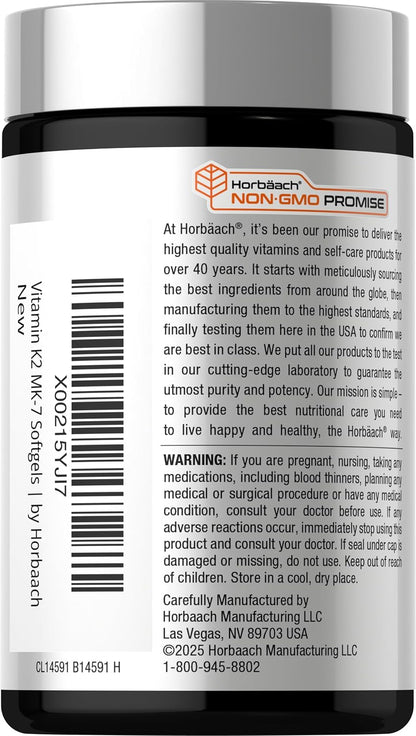Horbäach Vitamin D3 K2 5000 iu | 100mcg MK-7 Complex | 180 Softgel Capsules | Non-GMO & Gluten Free Supplement
