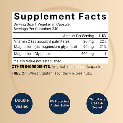 NatureBell Pure Magnesium Glycinate 500mg Per Serving, 240 Veggie Capsules | 100% Chelated & Purified Magnesium Supplement for Women & Men. 3rd Party Tested, Vegan Friendly, Non-GMO, Filler Free.