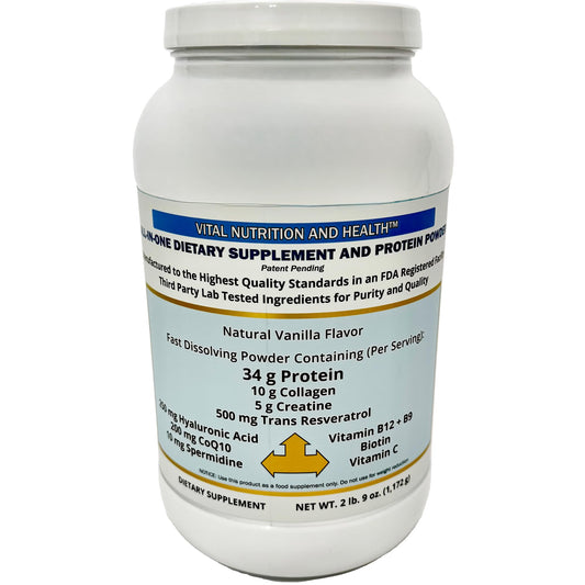 Vital Nutrition and Health All-in-One Powder: Protein, Collagen, Creatine, Resveratrol, Spermidine, Hyaluronic Acid, CoQ10 + Key Vitamins Vital Nutrition and HealthBuy Supplements Australia