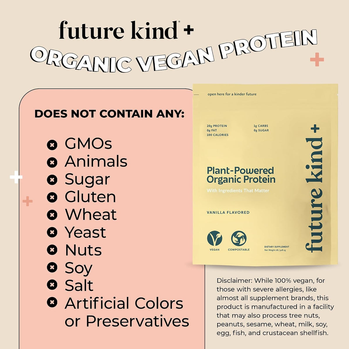 Future Kind Vegan Protein Powder, Vanilla, Pea Plant Protein for Lean Muscle with Iron & Fiber, Whey-Free, Sugar-Free, Soy-Free, Non-Dairy (34 Servings)