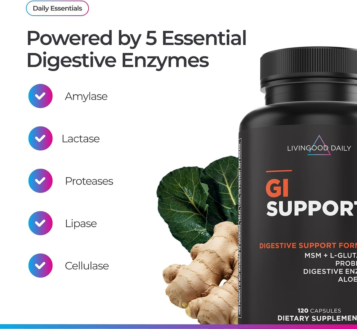 Livingood Daily Gut Cleanse Detox Supplement, 13-in-1 GI Support with L Glutamine, Aloe Vera, Digestive Enzymes, Probiotics & MSM, Vegetarian Capsules, Gluten Free, Non GMO, Allergen Free, 120 Count