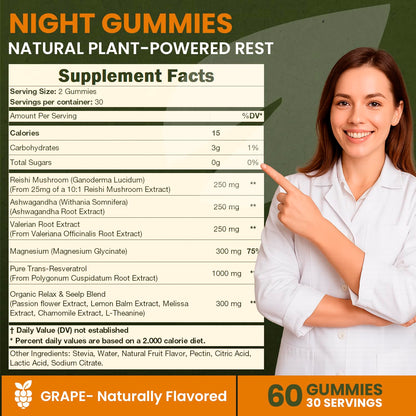 Night Gummies – Melatonin-Free, Reishi, Ashwagandha, Valerian, Magnesium, Resveratrol & Relaxing Botanicals – Supports Evening Calm