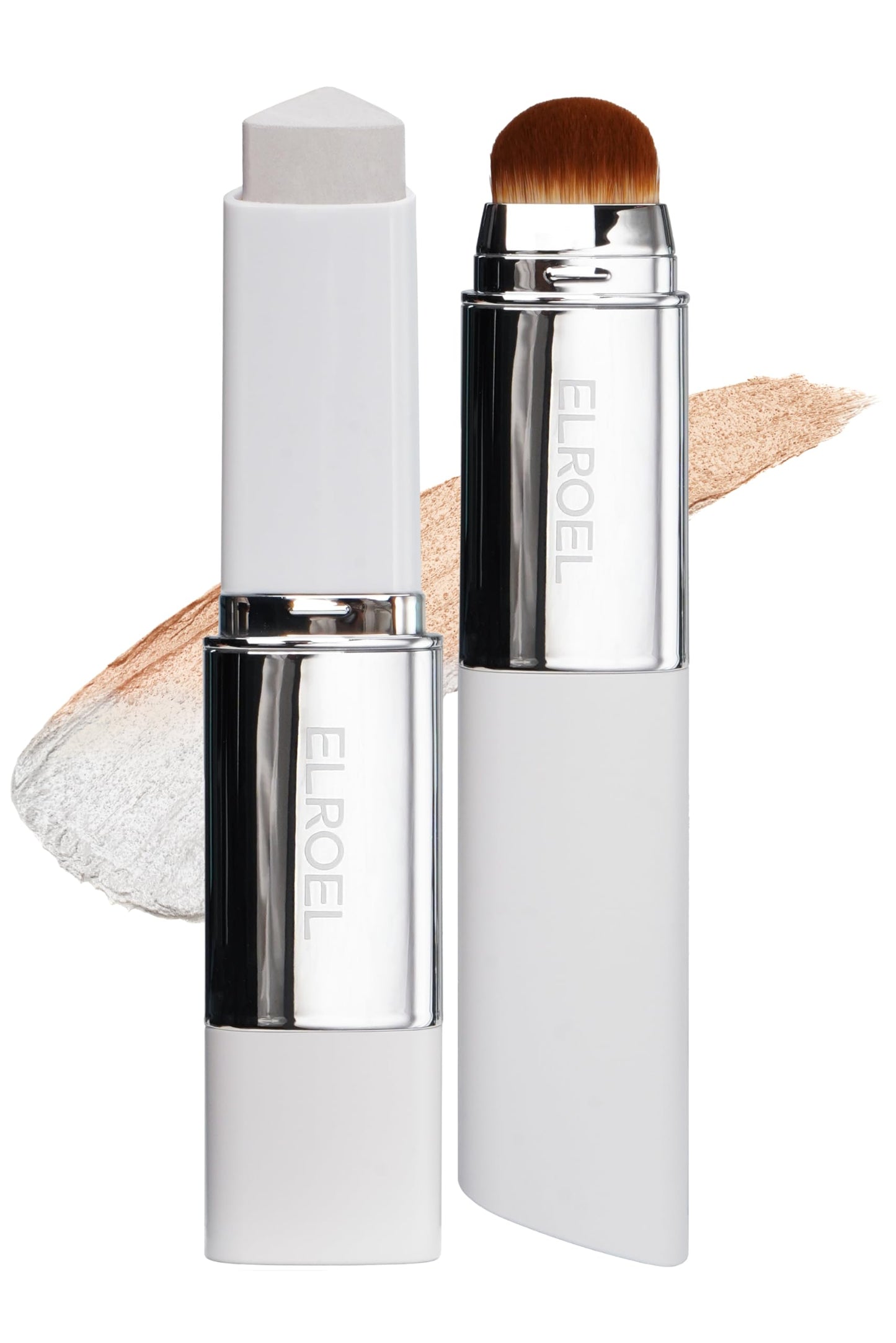 ELROEL Blanc Cover Cream Stick V White - Korean Color-Changing Foundation Stick with Volufiline - Medium to Full Coverage Dewy Finish Base Makeup - Dual-Ended with Detachable Brush (201 Light)