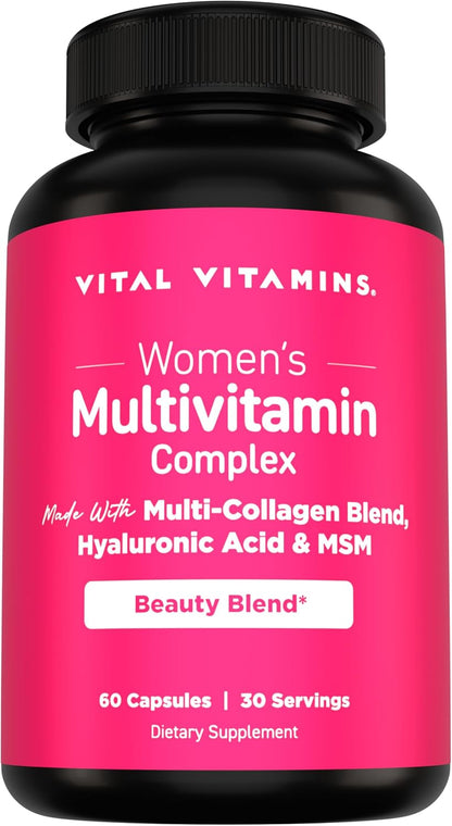 Vital Vitamins Women's Multivitamin Complex with Collagen & Hyaluronic Acid | 25 Vitamins and Minerals, Multi-Collagen Blend, Hyaluronic Acid & MSM for Hair, Skin & Nails, 60 Capsules