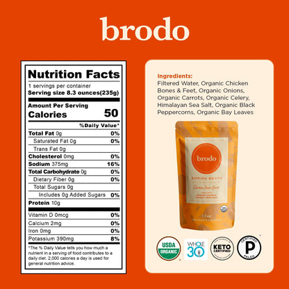 Brodo Ready to Drink Organic Chicken Collagen Rich Bone Broth (6 X 8 oz) | Organic Bone Broth with Collagen, Protein Soup & Sipping Broth for Healthy Meal Prep, Soups and Bone Broth Packets