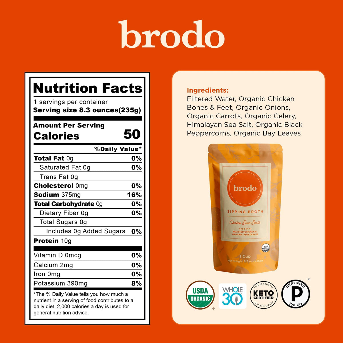 Brodo Ready to Drink Organic Chicken Collagen Rich Bone Broth (6 X 8 oz) | Organic Bone Broth with Collagen, Protein Soup & Sipping Broth for Healthy Meal Prep, Soups and Bone Broth Packets