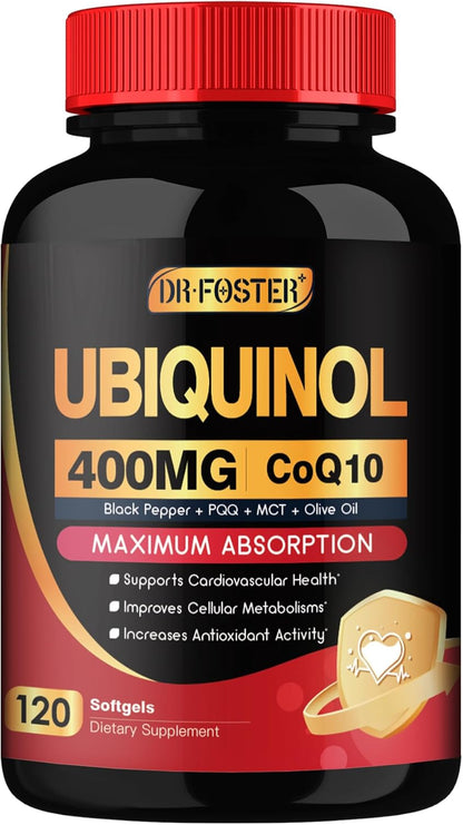 DRFOSTER Ubiquinol CoQ10 400mg Softgels, with PQQ & Vitamin E, 120 Servings | Active Ubiquinol, Coq10 400mg, Black Pepper for Max Absorption, Allergen-Free, Powerful Antioxidant, Brain & Energy Support