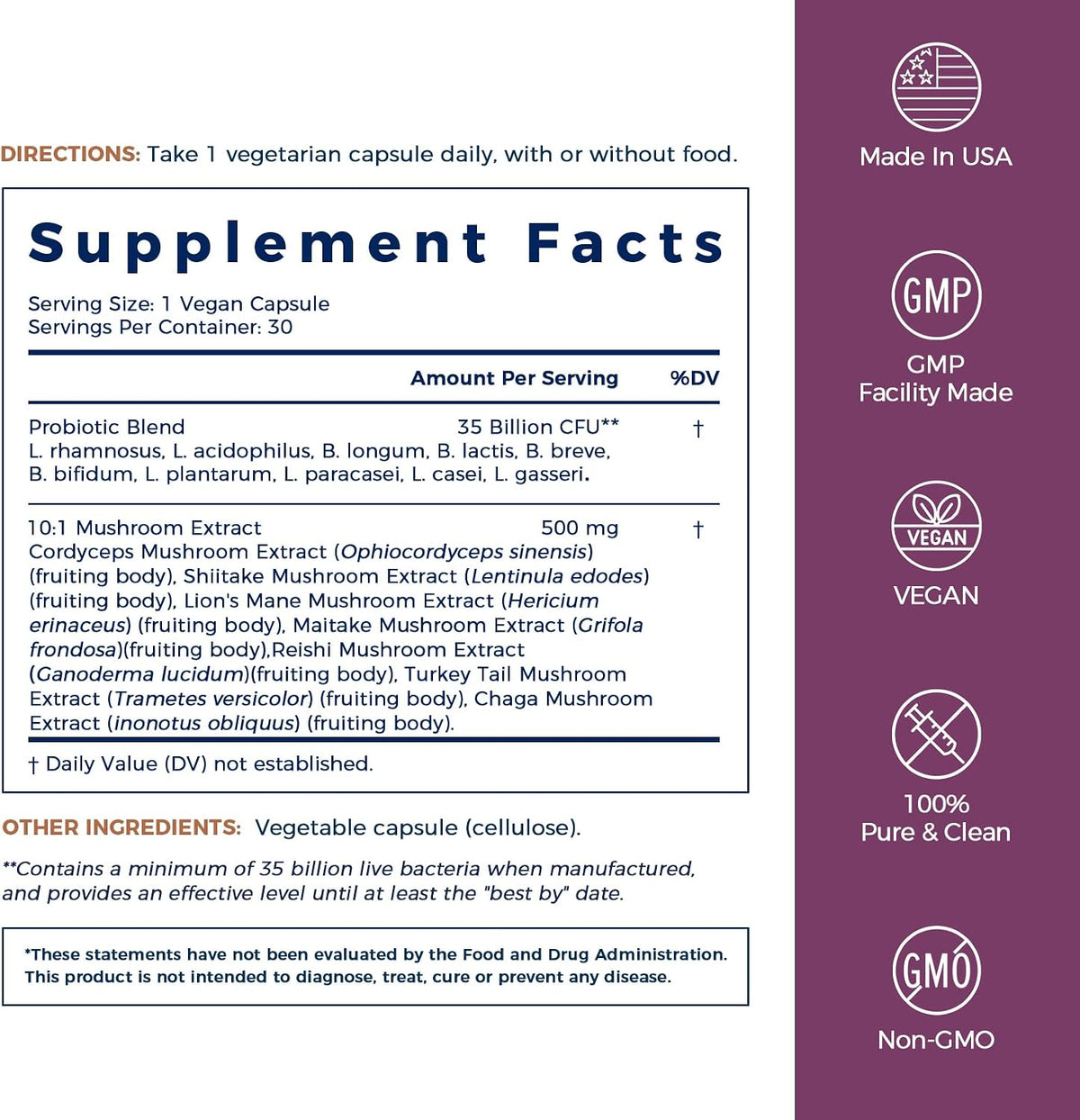 NewRhythm Probiotics 35 Billion CFU, Mushroom Probiotics Supplement for Women & Men, 7 Mushroom Extract, Turkey Tail, Reishi, Lion's Mane, Natural Prebiotics, Digestive & Immune, 30 Caps
