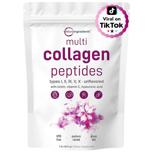 Micro Ingredients Multi Collagen Peptides Powder, 1lb – Hydrolyzed Type I,II,III,V,X with Biotin, Hyaluronic Acid, Vitamin C – Unflavored Collagen