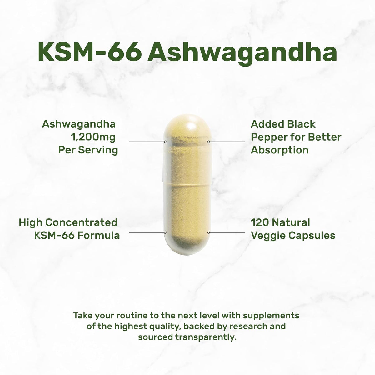 KSM 66 Ashwagandha 1,200mg with Black Pepper, 120 Veggie Capsules – Extra Strength Root Extract – High Absorption – Adaptogenic Supplements for Relaxation, Energy, & Brain Health – Non-GMO
