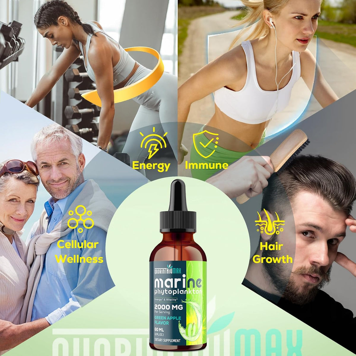 Marine Phytoplankton Drops 2000mg - High Absorption Phytoplankton Supplement with Wheatgrass & Fo-ti for Cellular Wellness, Hair Growth, Energy & Immunity - Green Apple Flavor, 2 fl oz (Pack of 2)