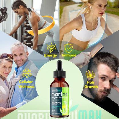 Marine Phytoplankton Drops 2000mg - High Absorption Phytoplankton Supplement with Wheatgrass & Fo-ti for Cellular Wellness, Hair Growth, Energy & Immunity - Green Apple Flavor, 2 fl oz (Pack of 2)