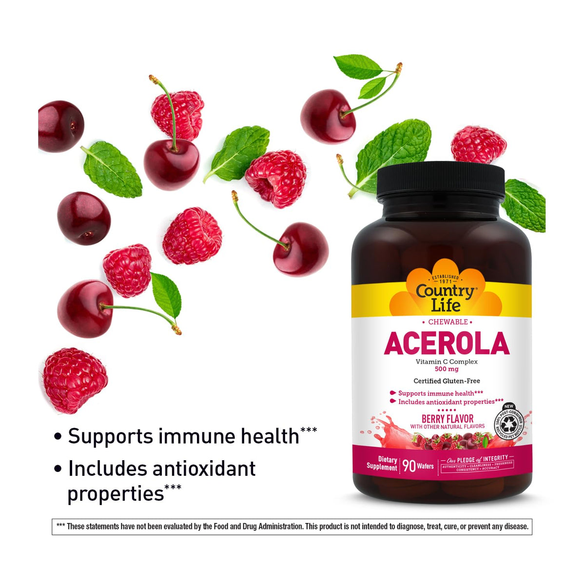 Country Life Acerola Vitamin C Complex 500 mg Chewable Wafers, 180 Count