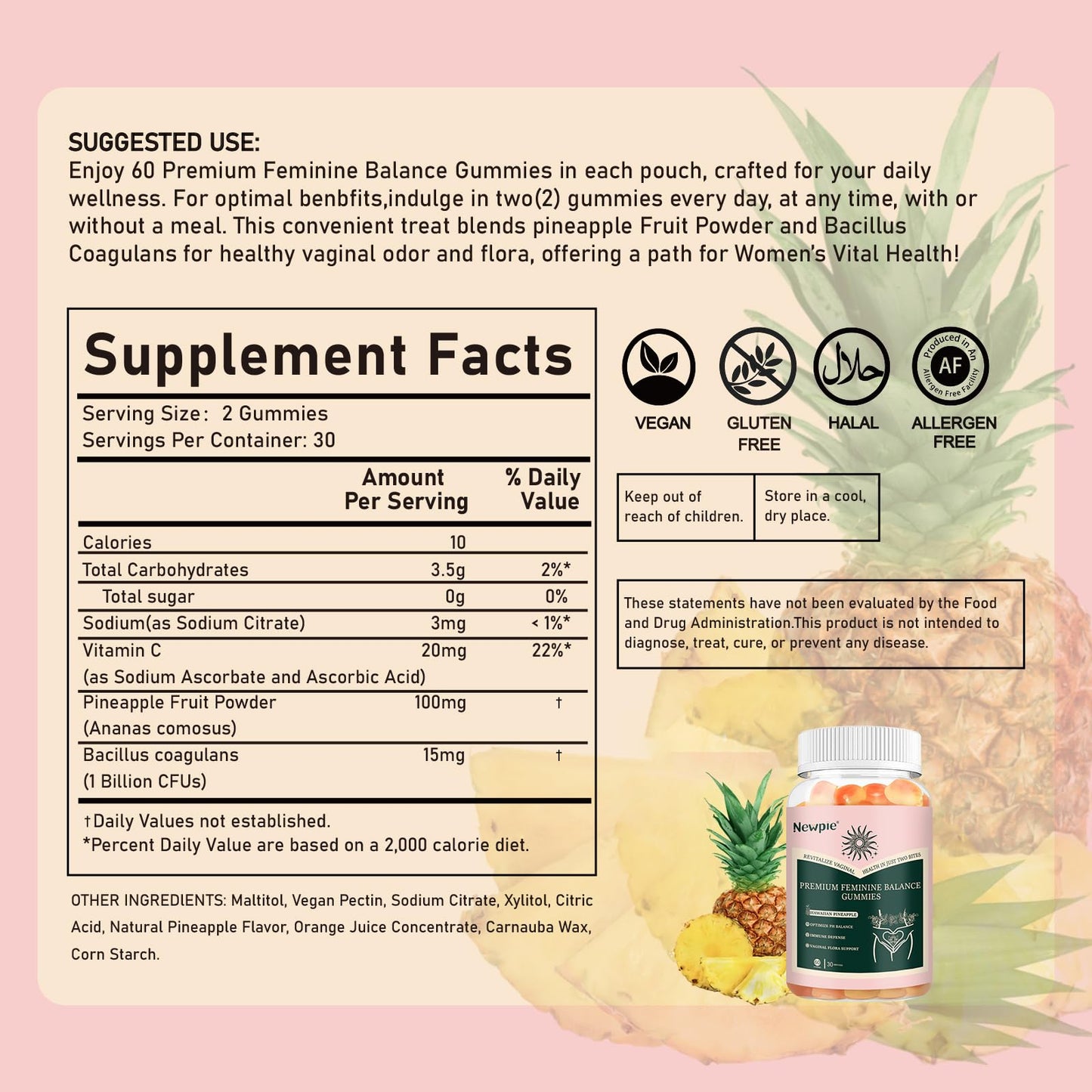 SUWENY Pineapple Gummies for Women ph Premium Feminine Balance Gummies for Women Health Immune Support Vegan, Gluten-Free & Halal-60 Gummies-30 Servings (1)