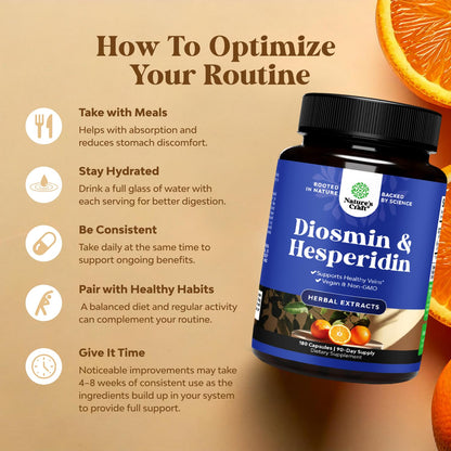 Diosmin Hesperidin 1000mg Complex for Adults - Bitter Orange Supplement for Varicose Veins Support, Leg & Feet Blood Health - Diosmin & Hesperidin Supplements from Citrus Aurantium - 60 Count