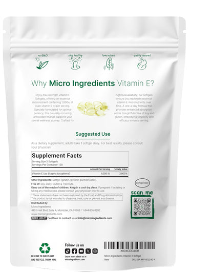 Micro Ingredients Vitamin E 1000 IU, 240 Softgels | Pure Vitamin E Oil Pills | Antioxidant Supplements for Skin and Face | Non-GMO, Gluten Free