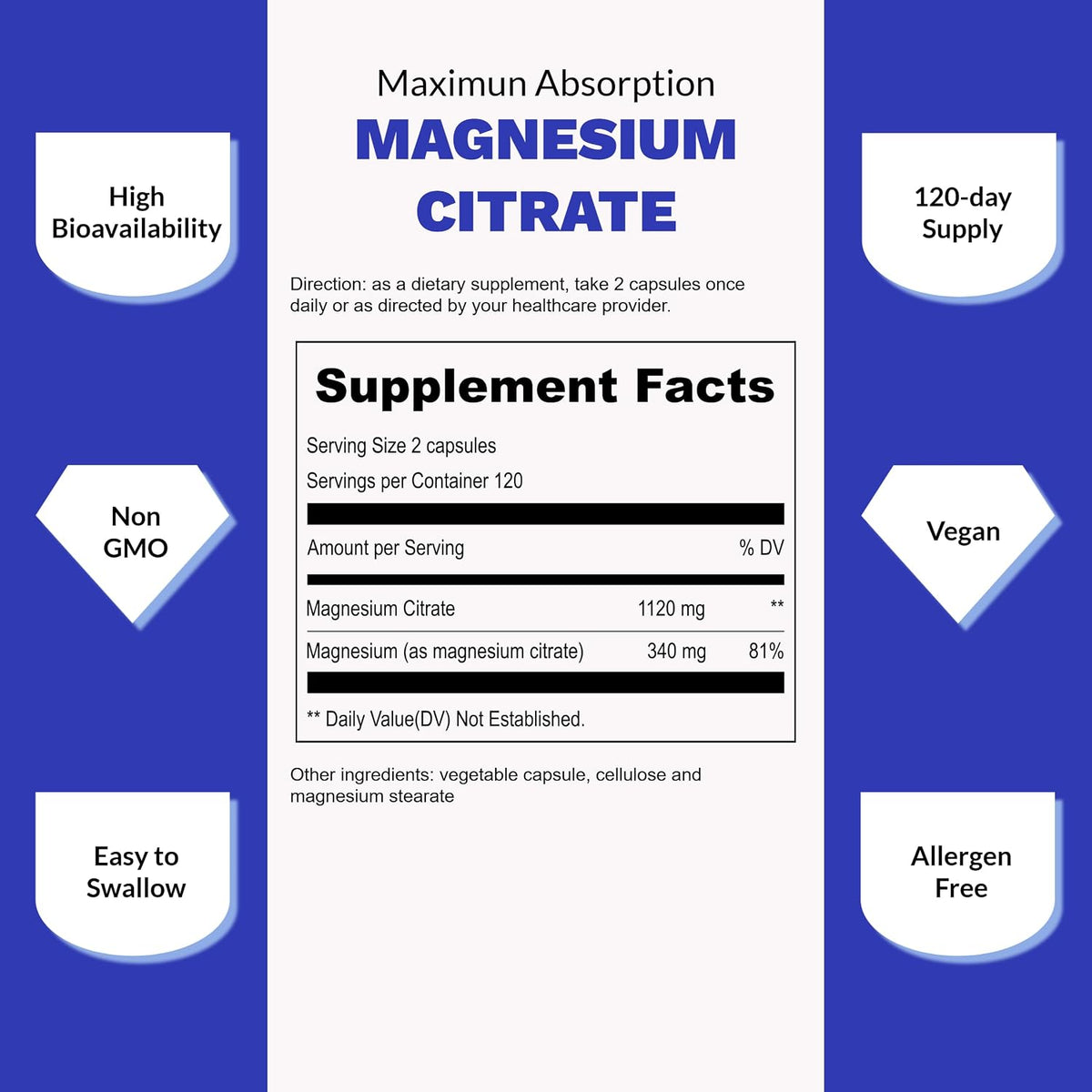 UpNourish Pure Magnesium Citrate (Citrato de Magnesio) 1120mg, 240 Capsules - High Absorption Magnesium Supplement for Women & Men - Natural Calm Magnesium for Constipation, Relax, Cramp Defense