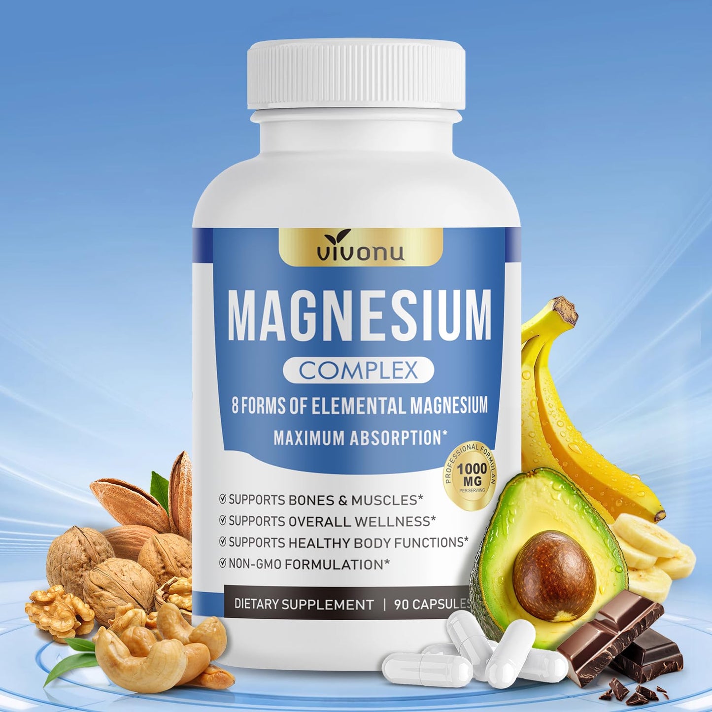 Vivonu magnesium supplement bottle with health benefits on a blue background