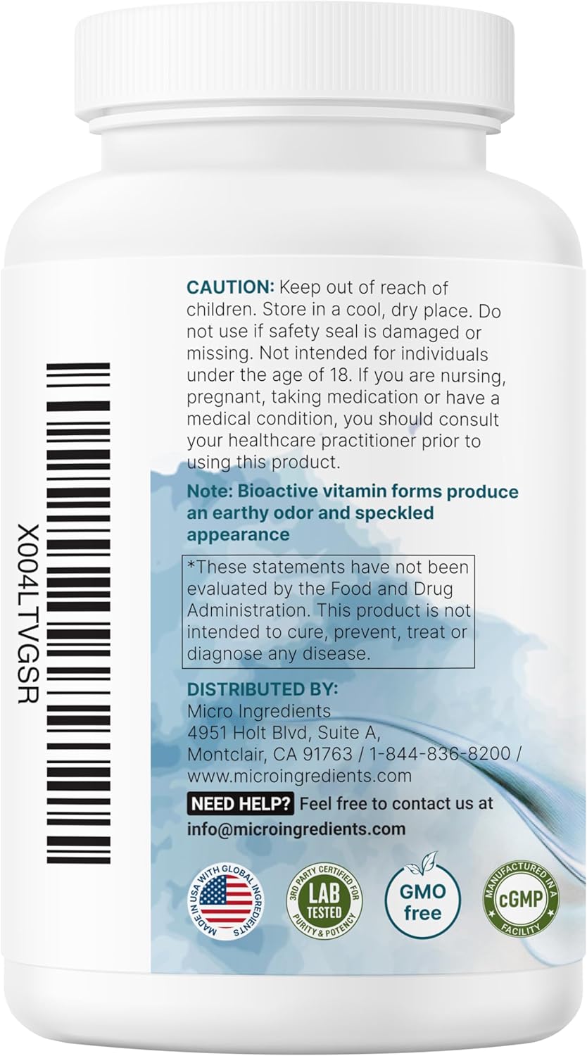 Micro Ingredients Pure Methylated B Complex Vitamins, 240 Capsules | 11-in-1 with Methylfolate, Methylcobalamin B12 & P5P + Fat-Soluble Vitamin C, Choline & Inositol. Filler Free, Non-GMO.