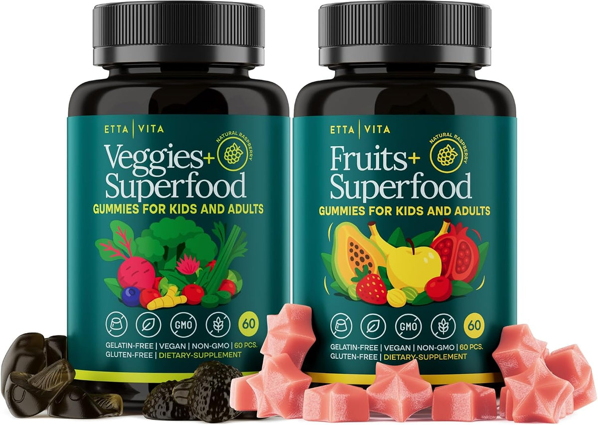 Fruits and Veggies Gummies with 9 Superfruits & 30 Veggies (120 Soft Chews) | Fruits and veggies supplement with vitamins & minerals, super greens gummies, non-GMO, pectin-based, gluten-free, USA