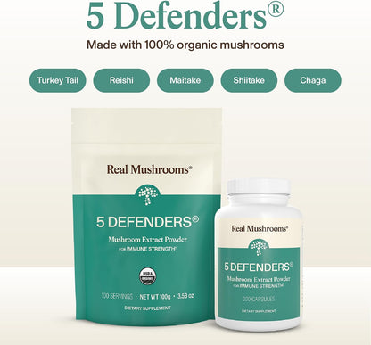 Real Mushrooms 5 Defenders Mushroom Complex – Organic Adaptogenic Mushroom Blend with Chaga, Reishi, Turkey Tail, Maitake & Shiitake for Wellness Support - Mushroom Beta Glucan Capsules - 200 Count