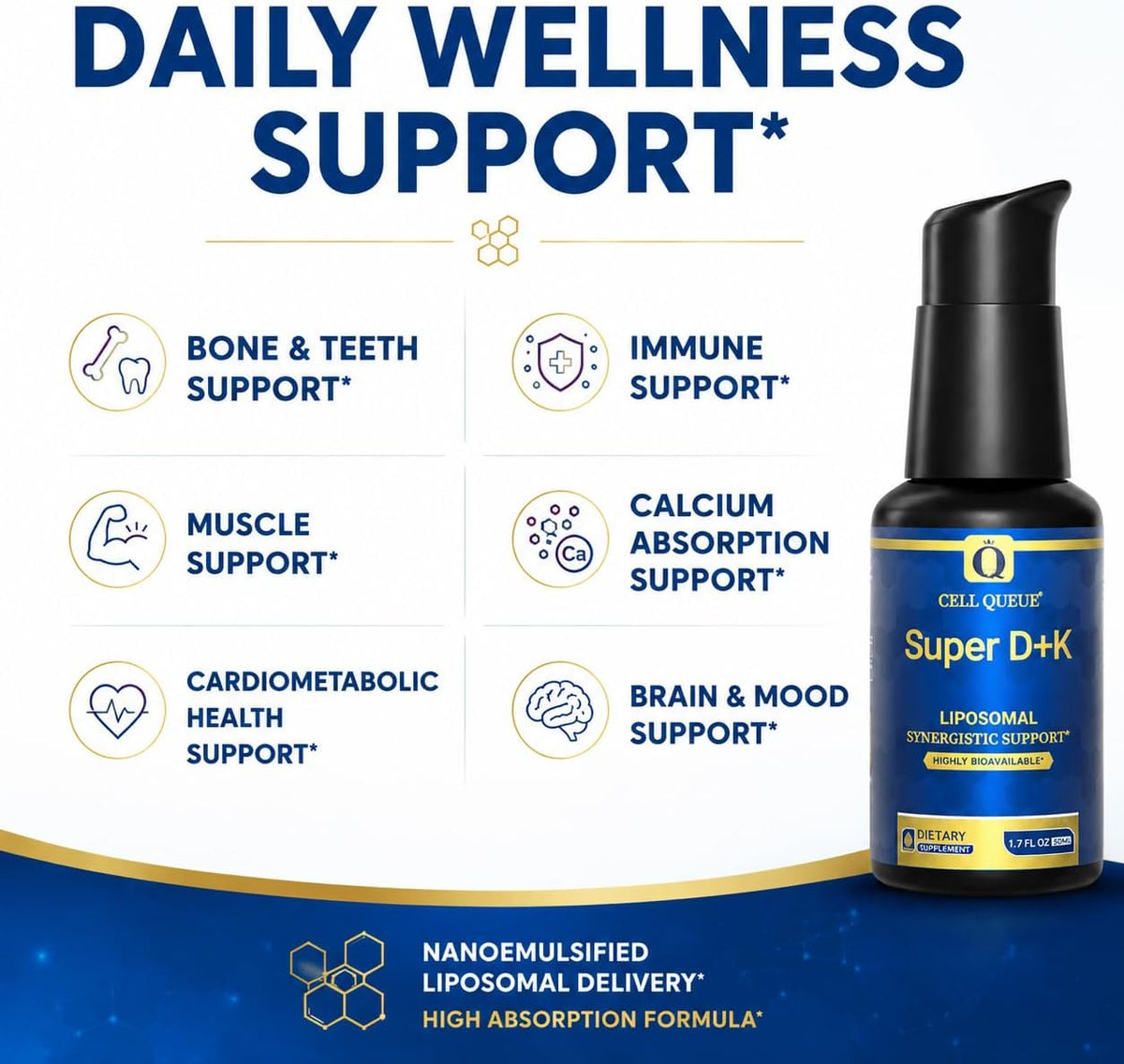 Liposomal Vitamin D3 K2 Liquid 5000 IU – Nanoemulsified D3 + Vitamin K2 MK-7 for High Absorption, Bone & Muscle Support, Immune Health, Calcium Absorption Support, Non-GMO, 50 Servings