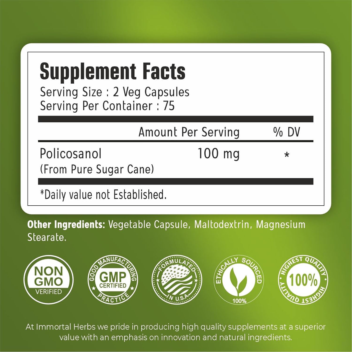 Policosanol 100mg Capsules, Derived from Sugar Cane, 150 Pills, Non-GMO and Gluten-Free Policosanol Supplement for Women and Men