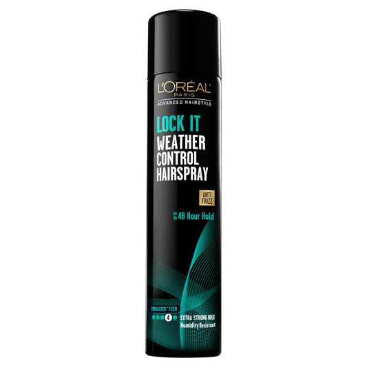 L'Oreal Paris LOCK IT Weather Control Hairspray, 48-Hour Extra Strong Hold Formula with Humidity Resistant Frizz Control, Lightweight Finishing Spray for All Hair Types, 8.25 oz