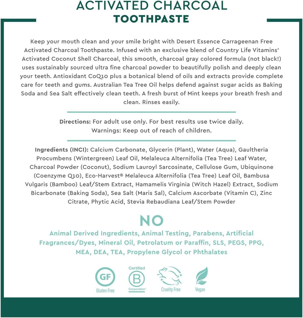 Desert Essence Activated Charcoal Toothpaste, Fluoride Free, 6.25 oz
