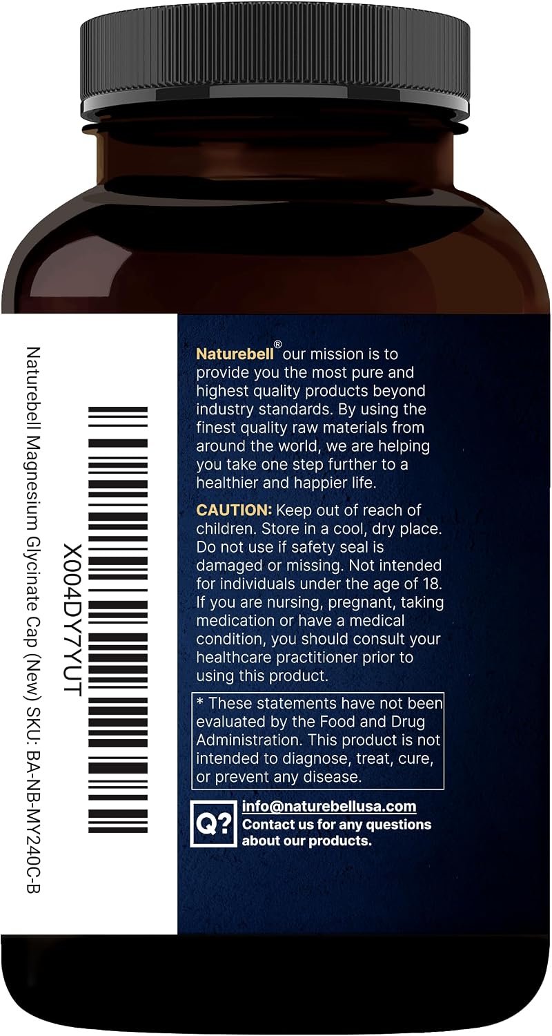 NatureBell Pure Magnesium Glycinate 500mg Per Serving, 240 Veggie Capsules | 100% Chelated & Purified Magnesium Supplement for Women & Men. 3rd Party Tested, Vegan Friendly, Non-GMO, Filler Free.