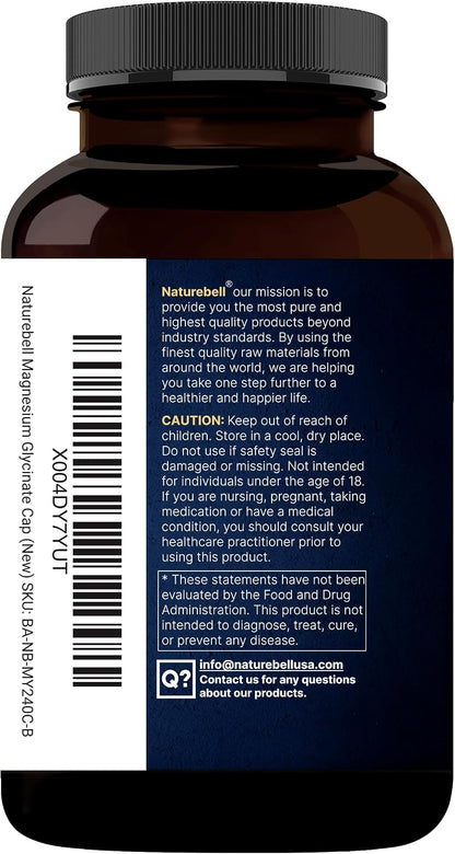 NatureBell Pure Magnesium Glycinate 500mg Per Serving, 240 Veggie Capsules | 100% Chelated & Purified Magnesium Supplement for Women & Men. 3rd Party Tested, Vegan Friendly, Non-GMO, Filler Free.