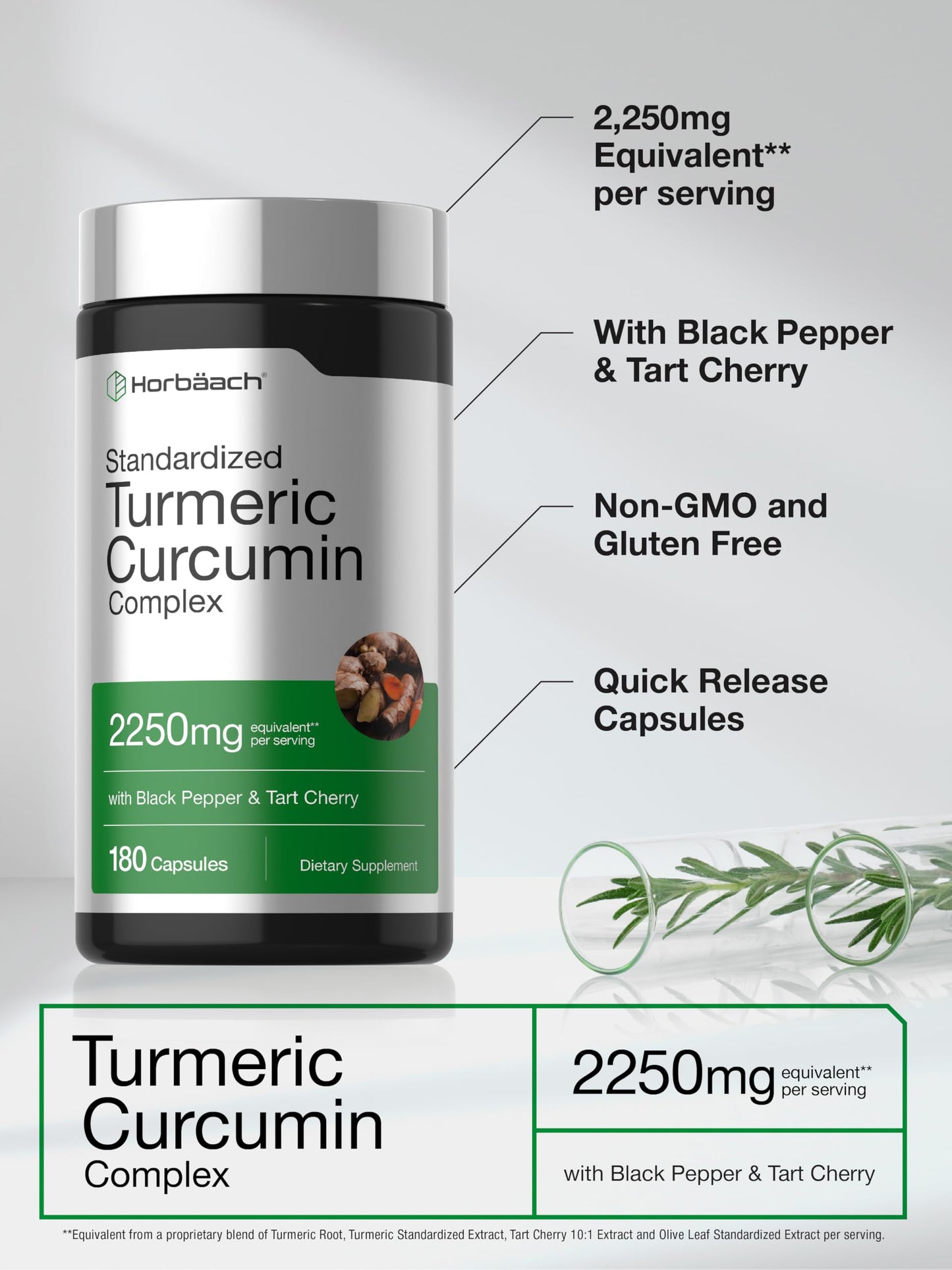 Horbäach Turmeric Curcumin Supplement | 180 Capsules | with Black Pepper & Tart Cherry | Non-GMO & Gluten Free