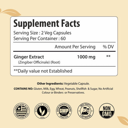 Ginger Root Capsules 1000mg, Potent Ginger Extract Powder, 120 Vegan Capsules, 2 Month Supply, Non-GMO and Gluten Free Ginger Supplement