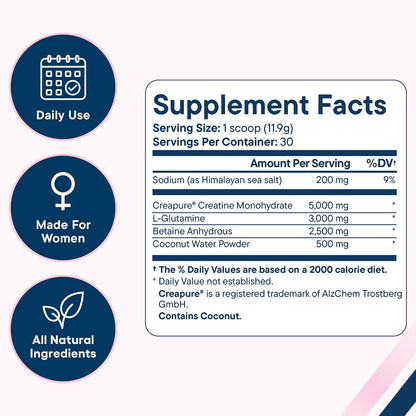 Love Sweat Fitness (her Form | Creatine for Women | 5g Creapure Creatine Monohydrate + L-Glutamine, Betaine, Coconut Water & Electrolytes | Strength, Recovery & Hydration | 30 Servings