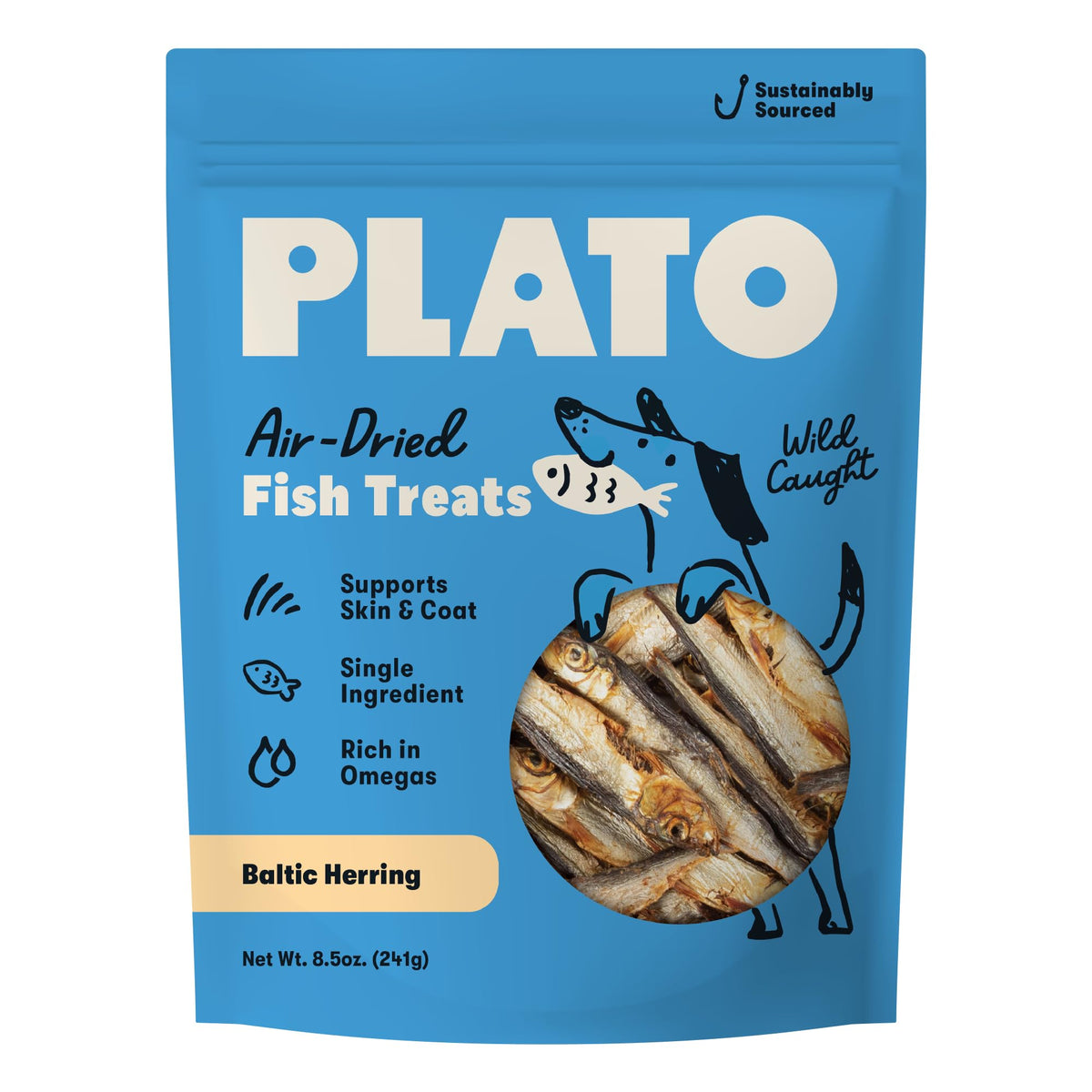Plato Single Ingredient Wild-Caught Baltic Herring Dog Treats, Air-Dried Whole Fish, Omega-Rich Skin & Coat Support, 8.5 oz