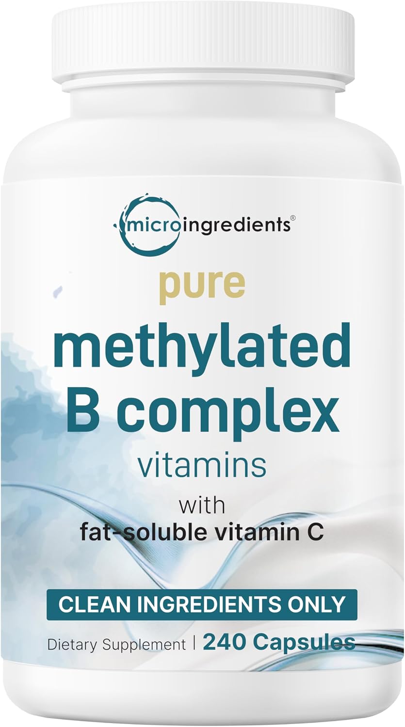 Micro Ingredients Pure Methylated B Complex Vitamins, 240 Capsules | 11-in-1 with Methylfolate, Methylcobalamin B12 & P5P + Fat-Soluble Vitamin C, Choline & Inositol. Filler Free, Non-GMO.