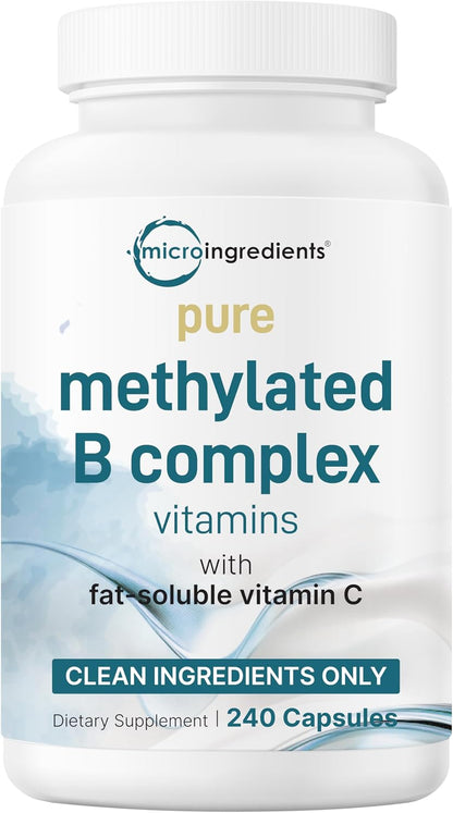 Micro Ingredients Pure Methylated B Complex Vitamins, 240 Capsules | 11-in-1 with Methylfolate, Methylcobalamin B12 & P5P + Fat-Soluble Vitamin C, Choline & Inositol. Filler Free, Non-GMO.
