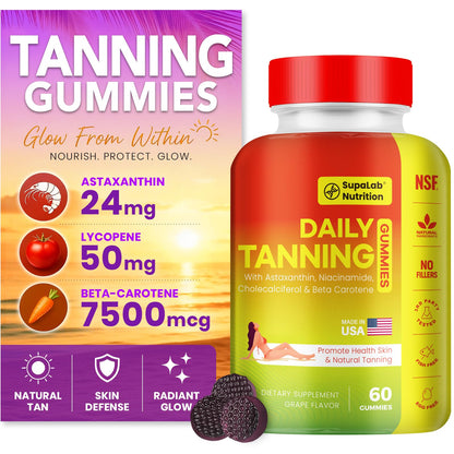 MEGNETA Tanning Gummies for Women Men - Sunless Glow Tanning Supplement with Astaxanthin, Beta Carotene, Lycopene, Zinc & Vitamins C D E, Sunless Tan Booster, Skin Hydration & Glow (Purple)