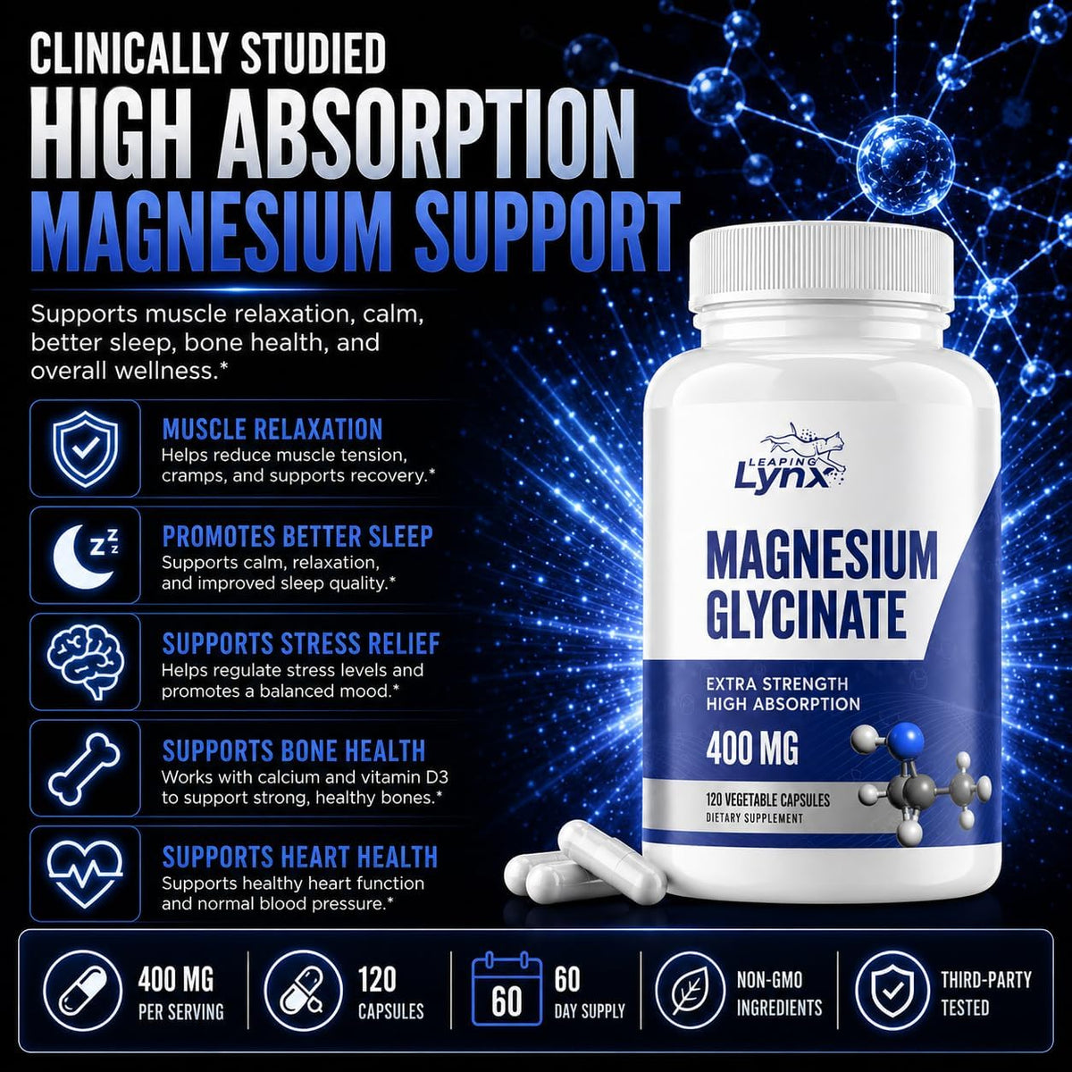 Magnesium Glycinate 400mg – High Absorption, Extra Strength Chelated Magnesium | 120 Capsules (60-Day Supply) | Calm, Muscle Recovery, Sleep & Bone Health | Non-GMO